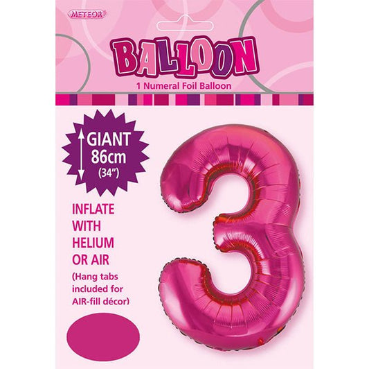 Hot Pink "3" Numeral Foil Balloon (86cm) - The Party Marketplace