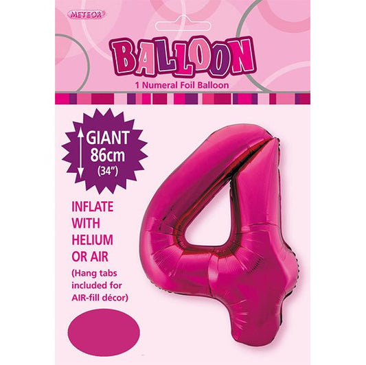 Hot Pink "4" Numeral Foil Balloon (86cm) - The Party Marketplace