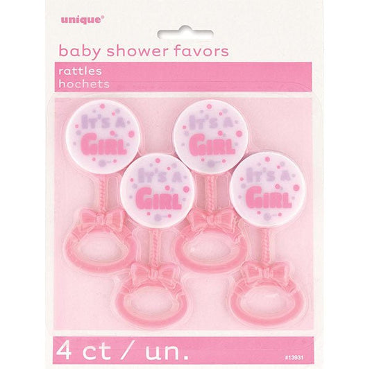 "It's A Girl" Rattles - Pink (Pack of 4) - The Party Marketplace
