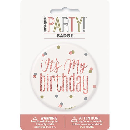 "It's My Birthday" Badge - Glitz Rose Gold - The Party Marketplace