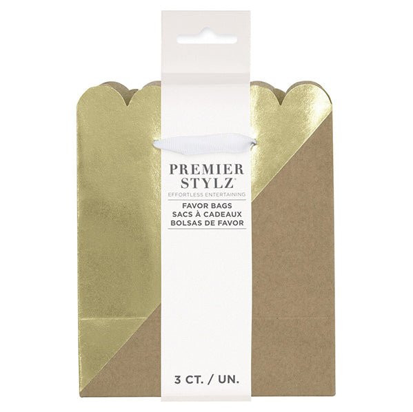 Kraft Paper & Gold Foil Stamped Favour Bags With Ribbon Handles (Pack of 3) - The Party Marketplace