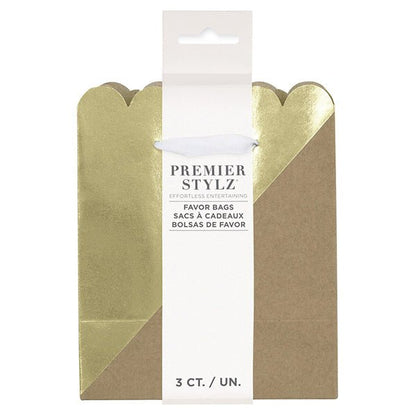 Kraft Paper & Gold Foil Stamped Favour Bags With Ribbon Handles (Pack of 3) - The Party Marketplace