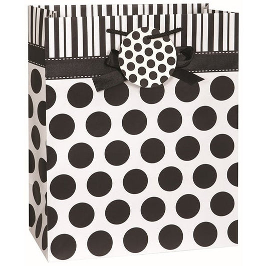 Large Gift Bag - Black & White Dots With Bow - The Party Marketplace