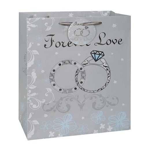 Large Gift Bag "Forever Love" Rings - Silver Glossy Foil Accents - The Party Marketplace