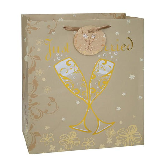 Large Gift Bag "Just Married" - Gold Glossy Foil Accents - The Party Marketplace