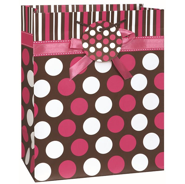 Large Gift Bag - Pink & Brown Dots With Bow - The Party Marketplace