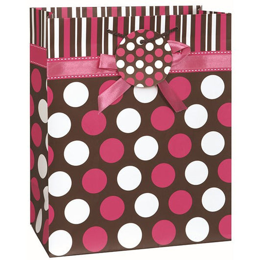 Large Gift Bag - Pink & Brown Dots With Bow - The Party Marketplace