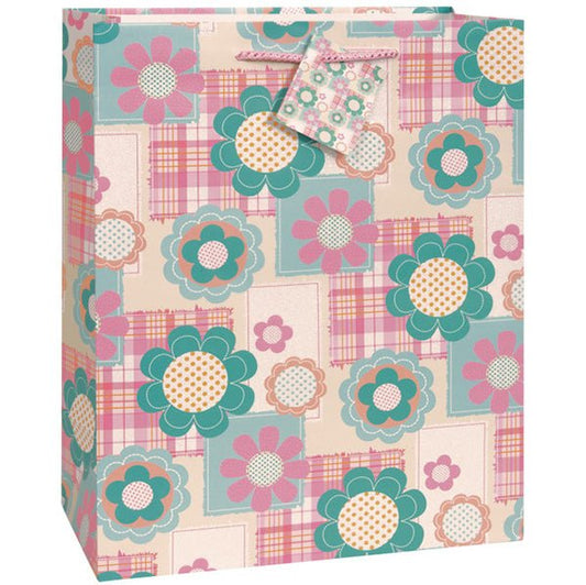 Large Gift Bag - Plaid Glitter Flowers - The Party Marketplace