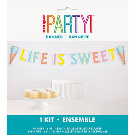 "Life is Sweet" Letter Banner With Ice Cream Cone Foil Balloons - 1.82m - The Party Marketplace