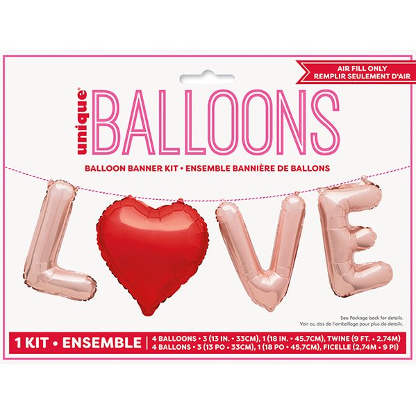 "Love" Rose Gold With Red Heart Foil Balloon Banner Kit - The Party Marketplace