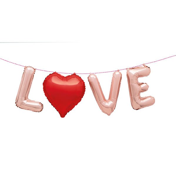"Love" Rose Gold With Red Heart Foil Balloon Banner Kit - The Party Marketplace