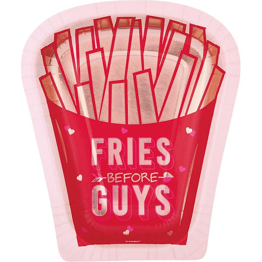Lovely Galentine "Fries Before Guys" Foil Stamped Fries Shaped Paper Plates 21cm (Pack of 8) - The Party Marketplace