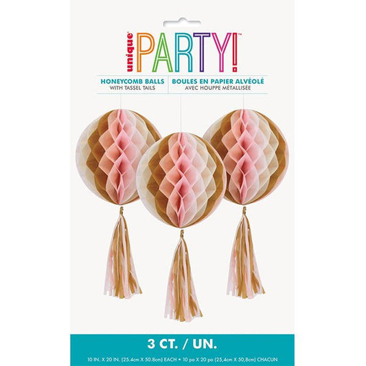 Marble Honeycomb Ball Decorations With Tissue Tassel Tails 50.8cm (pack of 3) - The Party Marketplace