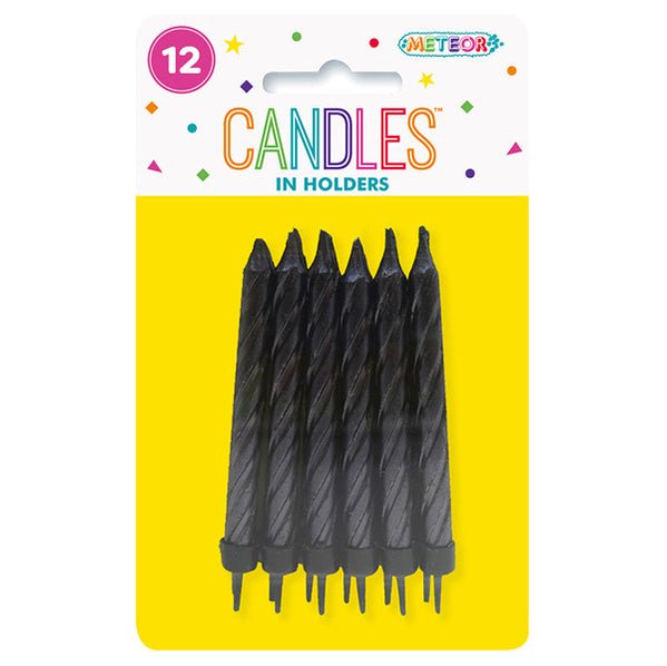 Metallic Black Candles With Holders (Pack of 12) - The Party Marketplace