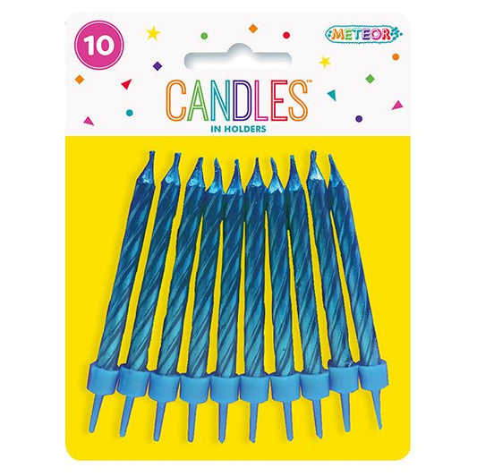 Metallic Blue Candles With Holders (Pack of 10) - The Party Marketplace