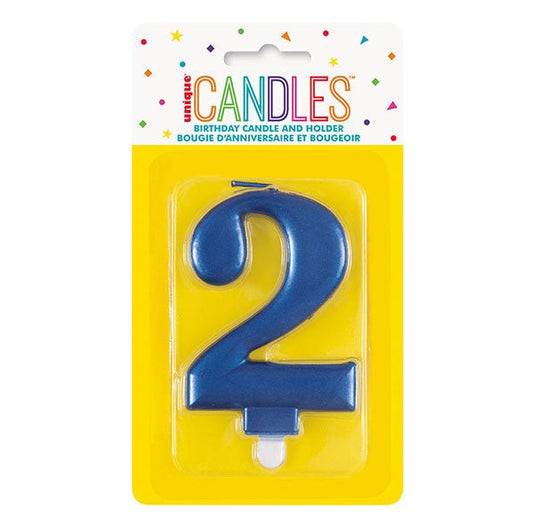 Metallic Blue Numeral Candle - 2 - The Party Marketplace