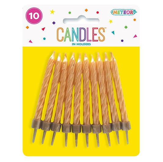 Metallic Gold Candles With Holders (Pack of 10) - The Party Marketplace