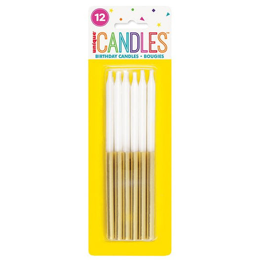 Metallic Gold & White Candles 12.7cm (Pack of 12) - The Party Marketplace