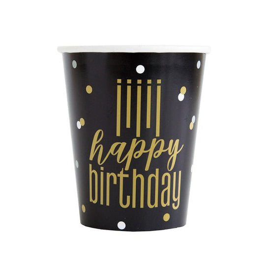 Metallic "Happy Birthday" Paper Cups 270ml (Pack of 8) - The Party Marketplace
