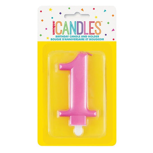Metallic Pink Numeral Candle - 1 - The Party Marketplace