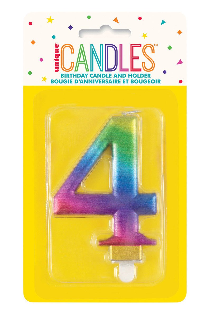 Metallic Rainbow Numeral Candle - 4 - The Party Marketplace
