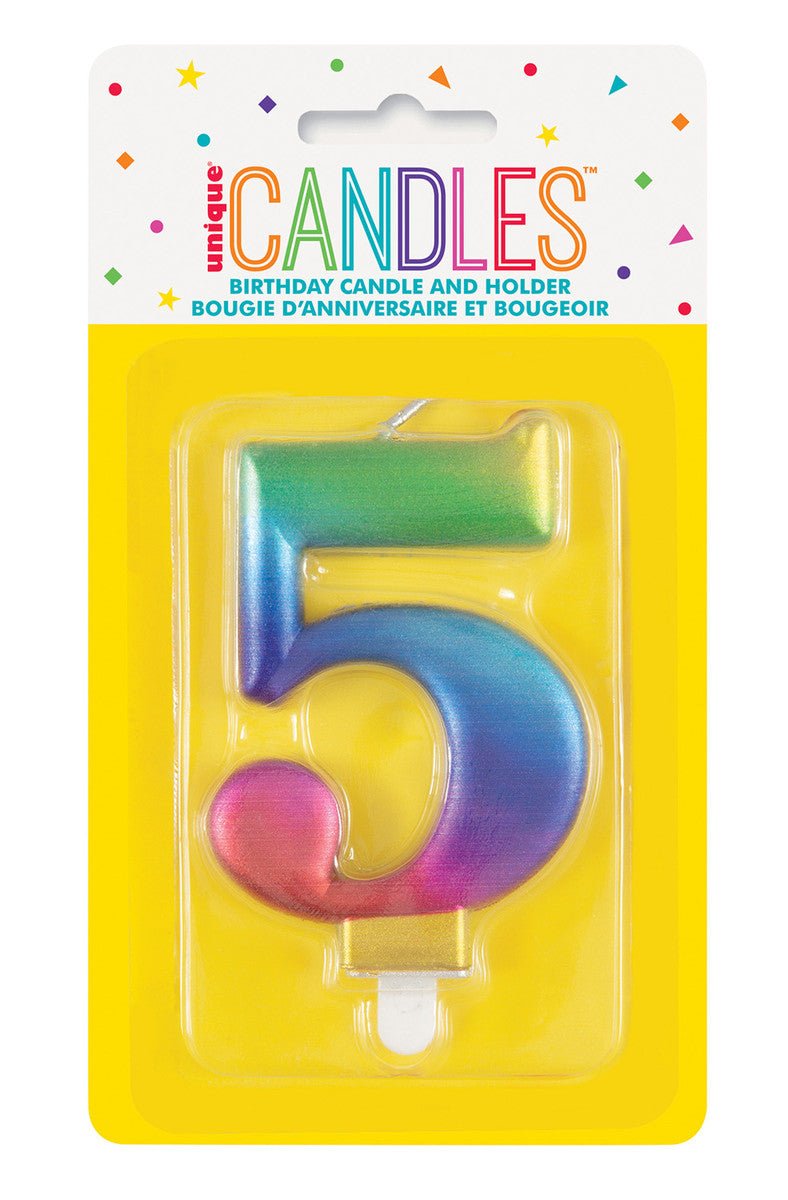 Metallic Rainbow Numeral Candle - 5 - The Party Marketplace