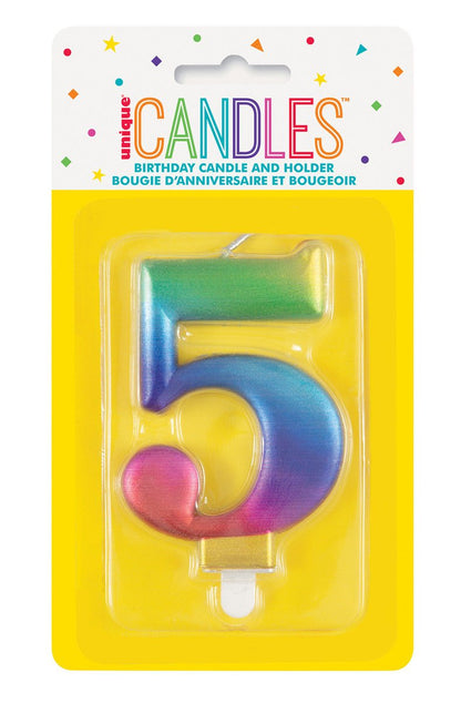 Metallic Rainbow Numeral Candle - 5 - The Party Marketplace