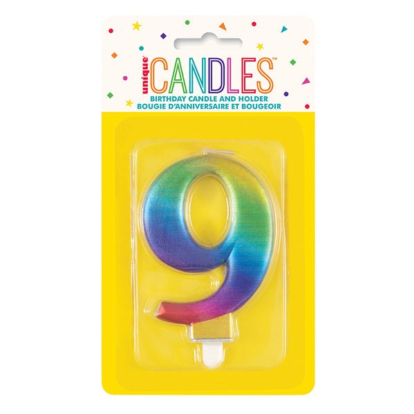 Metallic Rainbow Numeral Candle - 9 - The Party Marketplace