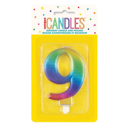 Metallic Rainbow Numeral Candle - 9 - The Party Marketplace