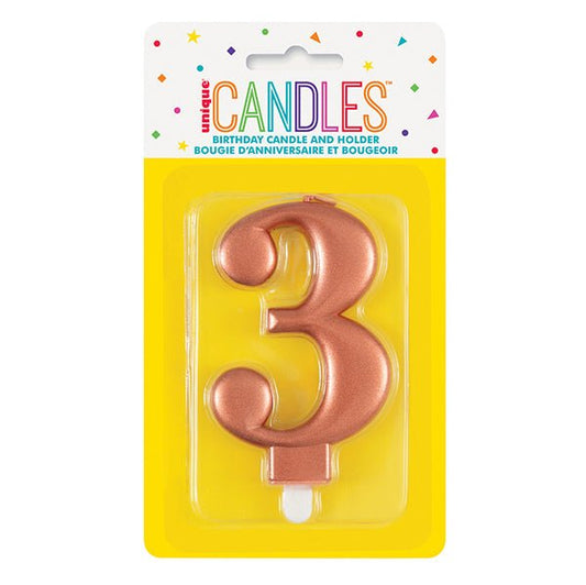 Metallic Rose Gold Numeral Candle - 3 - The Party Marketplace