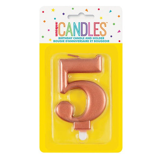 Metallic Rose Gold Numeral Candle - 5 - The Party Marketplace