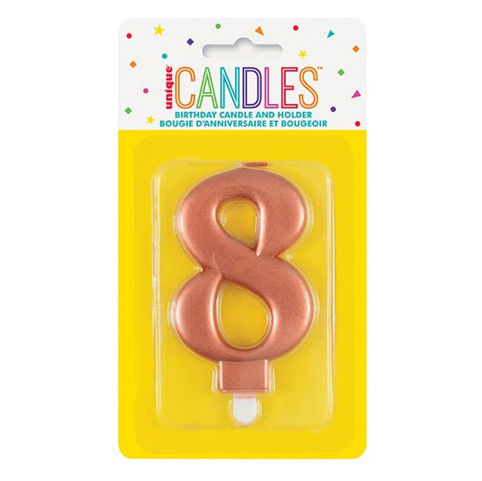 Metallic Rose Gold Numeral Candle - 8 - The Party Marketplace