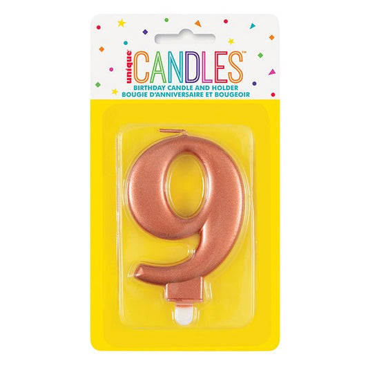 Metallic Rose Gold Numeral Candle - 9 - The Party Marketplace