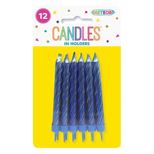 Metallic Royal Blue Candles With Holders (Pack of 12) - The Party Marketplace