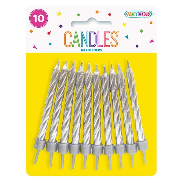 Metallic Silver Candles With Holders (Pack of 10) - The Party Marketplace