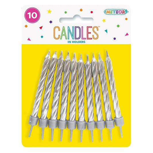 Metallic Silver Candles With Holders (Pack of 10) - The Party Marketplace