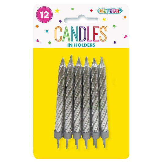 Metallic Silver Candles With Holders (Pack of 12) - The Party Marketplace