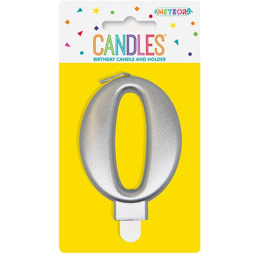 Metallic Silver Numeral Candle - 0 - The Party Marketplace