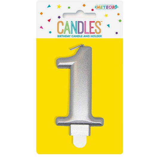 Metallic Silver Numeral Candle - 1 - The Party Marketplace