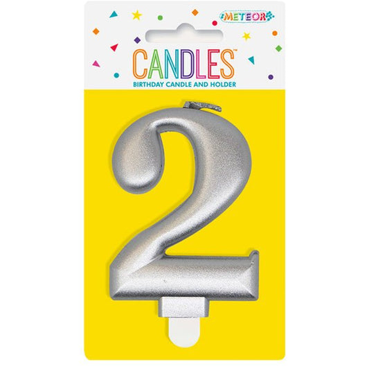 Metallic Silver Numeral Candle - 2 - The Party Marketplace
