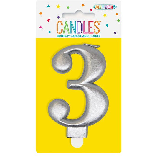 Metallic Silver Numeral Candle - 3 - The Party Marketplace