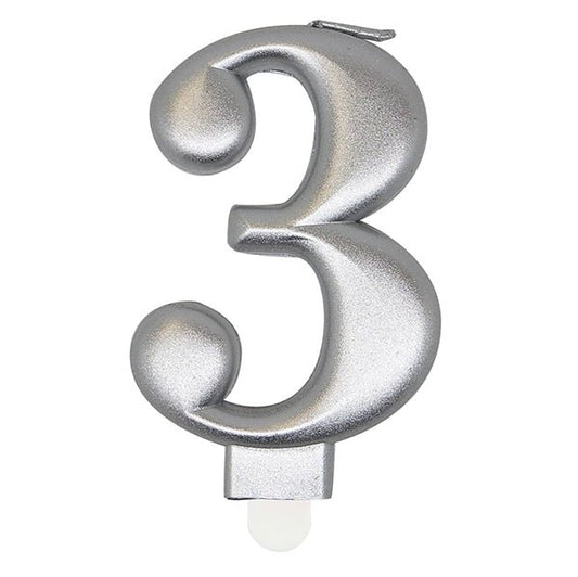 Metallic Silver Numeral Candle - 3 - The Party Marketplace