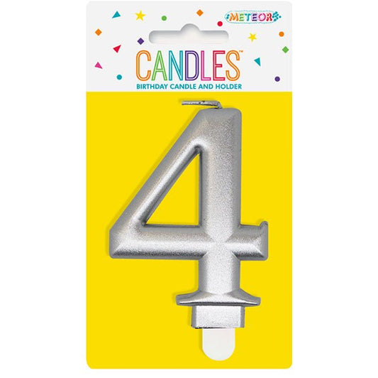 Metallic Silver Numeral Candle - 4 - The Party Marketplace