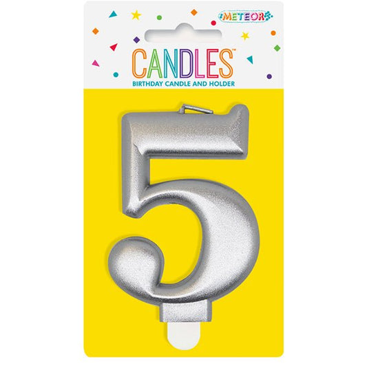 Metallic Silver Numeral Candle - 5 - The Party Marketplace
