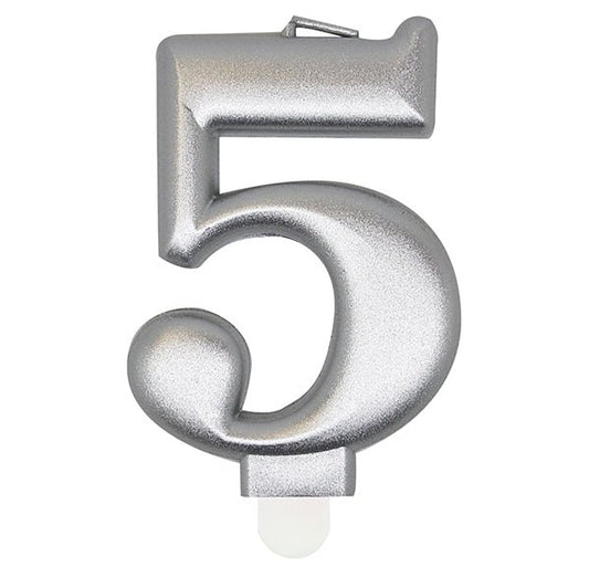 Metallic Silver Numeral Candle - 5 - The Party Marketplace