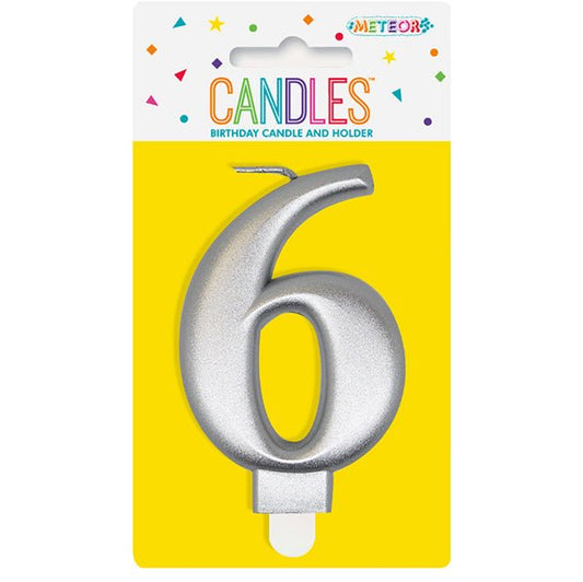 Metallic Silver Numeral Candle - 6 - The Party Marketplace
