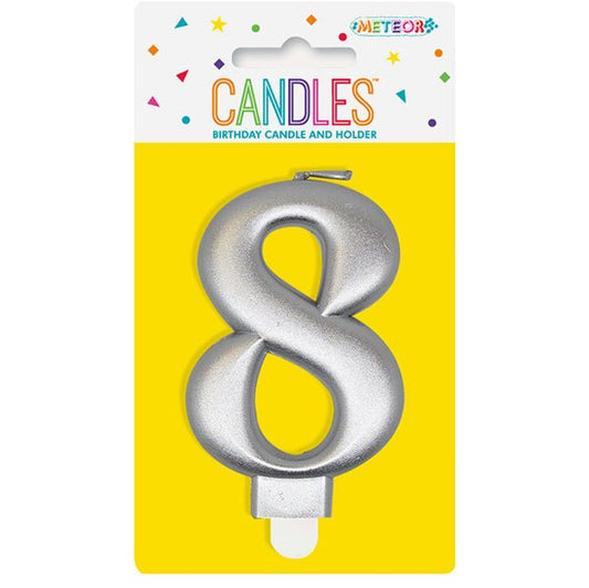 Metallic Silver Numeral Candle - 8 - The Party Marketplace