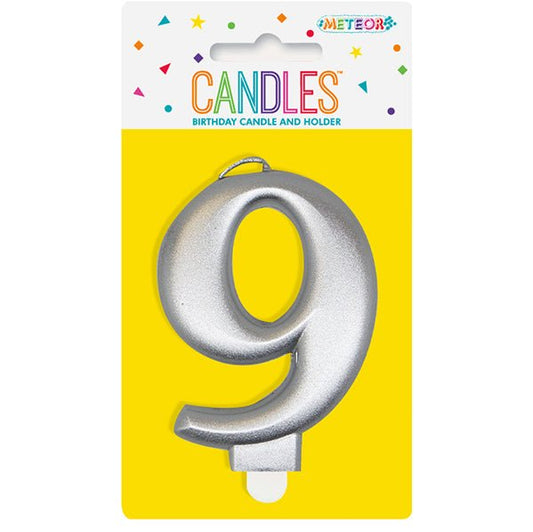 Metallic Silver Numeral Candle - 9 - The Party Marketplace