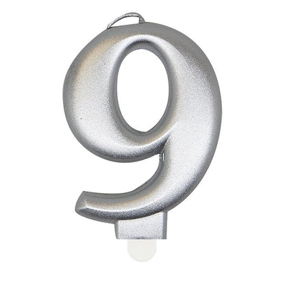 Metallic Silver Numeral Candle - 9 - The Party Marketplace