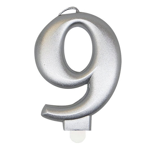 Metallic Silver Numeral Candle - 9 - The Party Marketplace